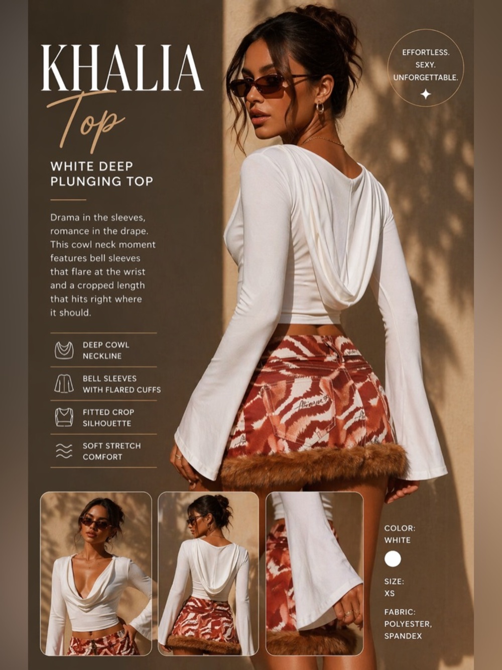 Finesse Khalia White Deep Cowl Neck Bell Sleeve Hoodie Crop Top XS